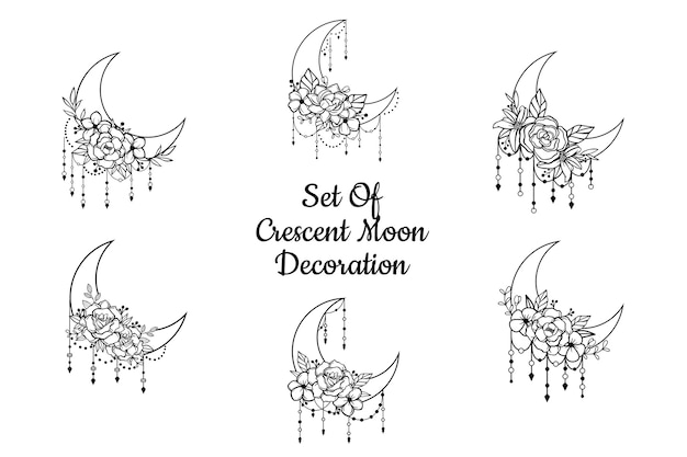 Stile floreale della luna crescente, collezione di elementi decorativi della luna