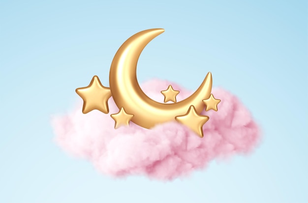 Crescent moon, golden stars and pink clouds 3d style isolated on blue background. Dream, lullaby, dreams background design for banner, booklet, poster. Vector illustration EPS10