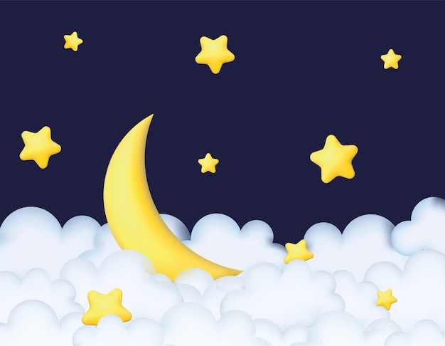 Crescent moon golden stars and white clouds 3d style isolated on blue background Dream lullaby dreams background design for banner booklet poster Vector illustration