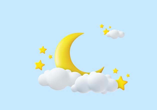 Vector crescent moon golden stars and white clouds