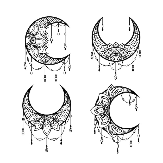 Vector crescent moon mandala style, moon decoration element collection