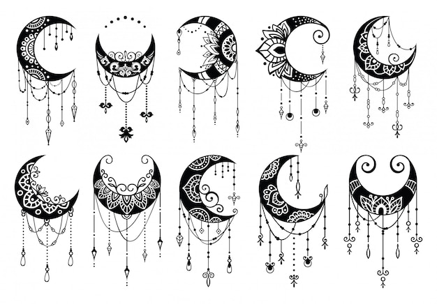 Crescent moon mandala style, moon decoration element collection