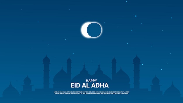 Vettore luna crescente e illustrazione della moschea eid mubarak sfondo vettore premium