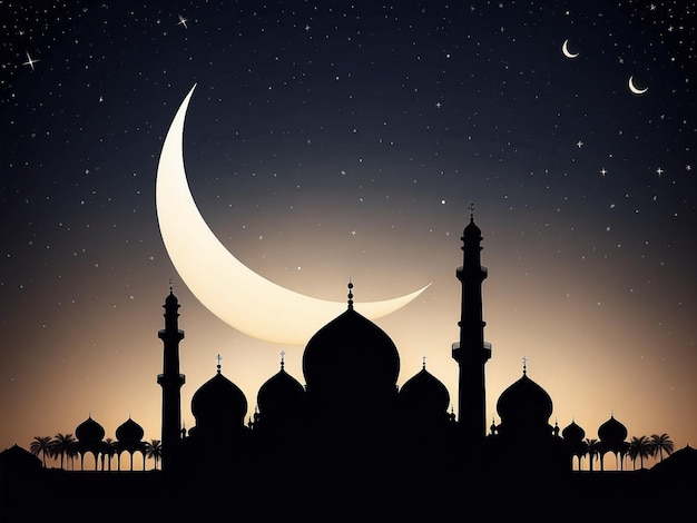 Crescent moon and mosque silhouette