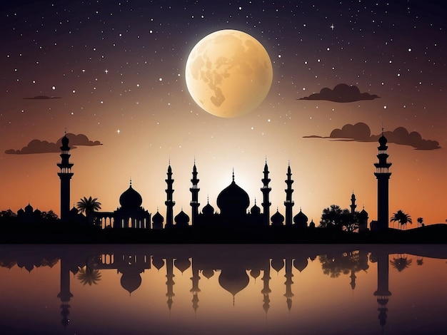 Crescent moon and mosque silhouette