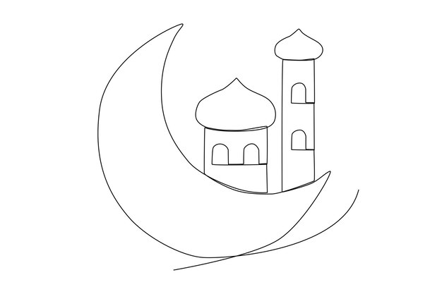 Crescent moon and a simple Islamic mosque one line art