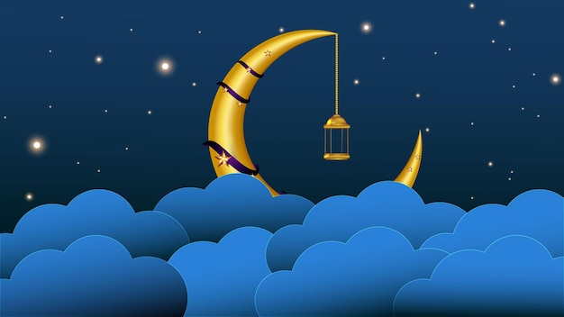 A crescent moon in the sky with clouds and stars.