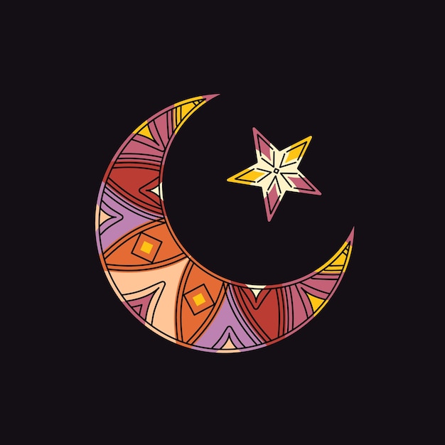 Una falce di luna e una stella decorazione linee illustrazione vettoriale su uno sfondo scuro