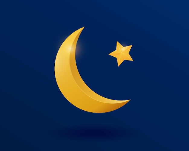 Crescent moon and star vector illustration golden moon and star on dark blue night sky