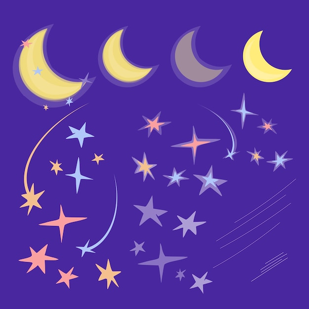 Crescent moon and star vector set isolated on dark blue background