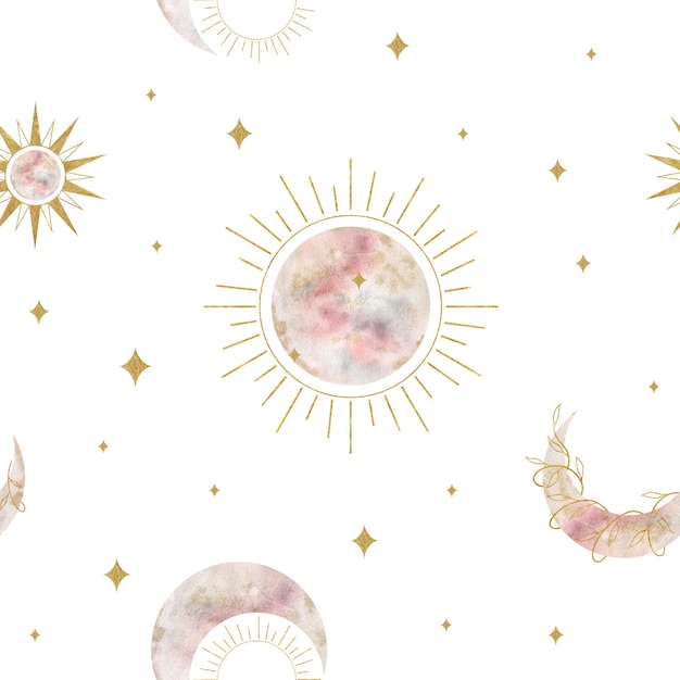 Crescent moon stars and sun Watercolor seamless pattern Various phases of moon Esoteric signs