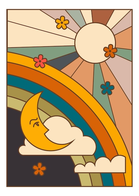 crescent moon and sun with blooming flowers vector