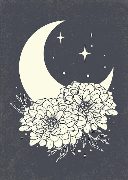 Vettore luna crescente con poster di illustrazione di fiori di peonia e stelle clipart floreale