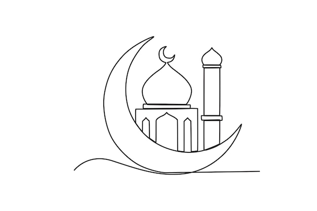 A crescent moon with a simple design mosque Mawlid oneline drawing