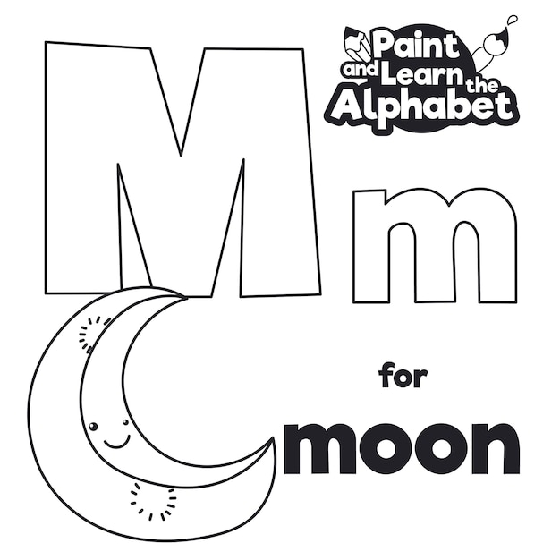 Vector crescent moon with smiling face ready to be colored in the learning of letter 'm' of the alphabet