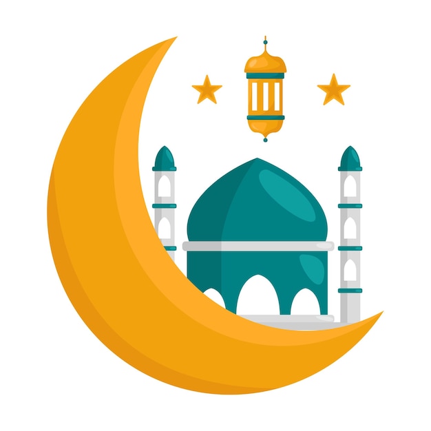 crescent moon with stars and mosque illustration
