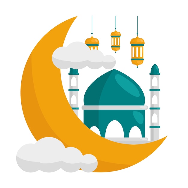 Crescent Moon with Stars and Mosque Illustration