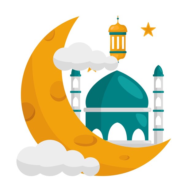 Crescent moon with stars and mosque illustration