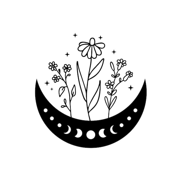 Crescent moon with wildflowers and stars
