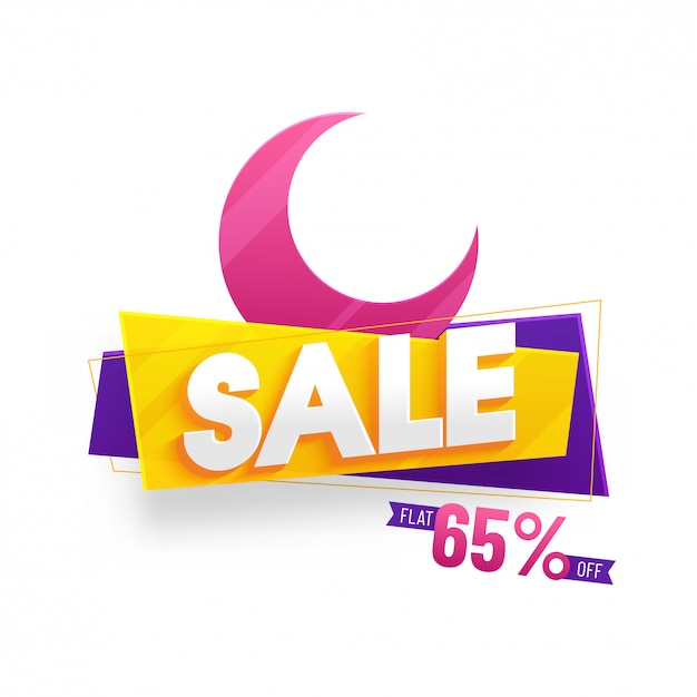 Crescent pink colour moon with text sale and 65% off offer.