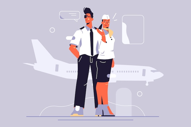 Vector crew of passenger plane illustration. pilot and flight attendant of airplane in uniform.