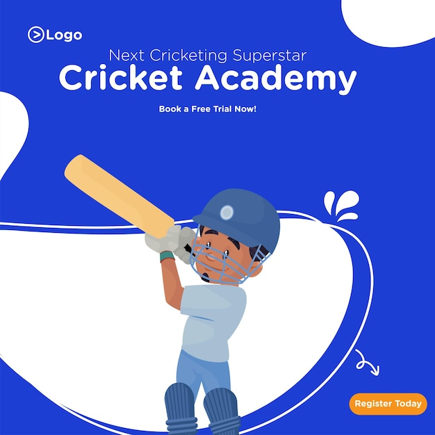 Design del banner dell'accademia di cricket in stile cartone animato