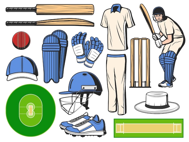 Cricket apparatuur sport pictogrammen en spelitems
