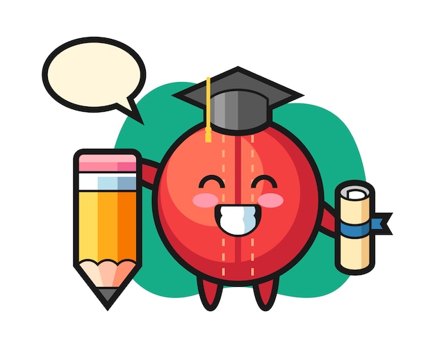 Cricket ball cartoon graduation with a giant pencil