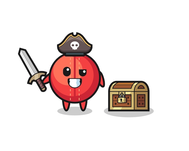 The cricket ball pirate character holding sword beside a treasure box , cute style design for t shirt, sticker, logo element