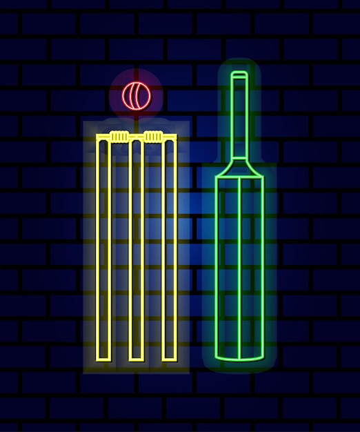 Cricket bat ball stump neon icons