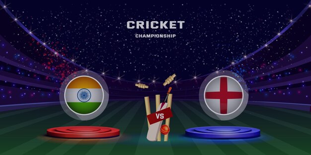 Cricket batsmen of team vs participant countries bat ball helmets and stadium blue background