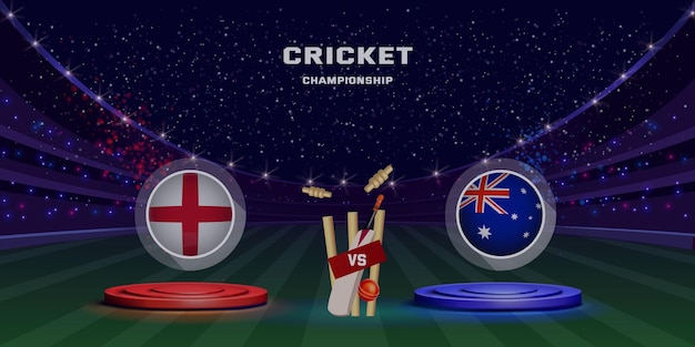Cricket batsmen of team vs participant countries bat ball helmets and stadium blue background