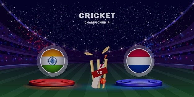 Cricket batsmen of team vs participant countries bat ball helmets and stadium blue background