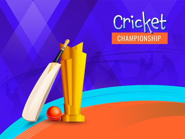 Vector cricket championship concept with 3d tournament equipments as bat ball golden trophy cup on colorful silhouette players background