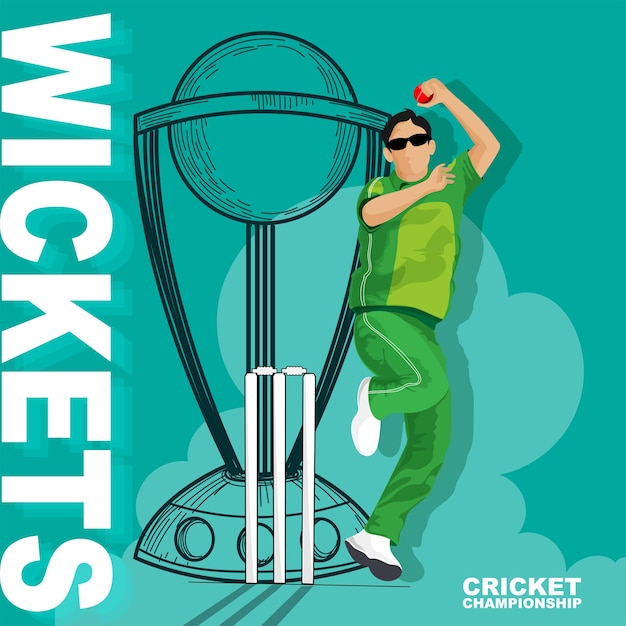 Cricket Championship Concept With Bowler Throwing A Ball And Winning Trophy Cup On Turquoise Background.