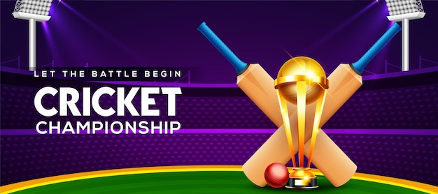 Cricket championship concept with cricket bat, ball and winning cup trophy on cricket stadium