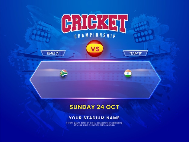 Cricket Championship Concept With Participating Team South Africa VS India On Blue Brush Stroke Stadium Background.