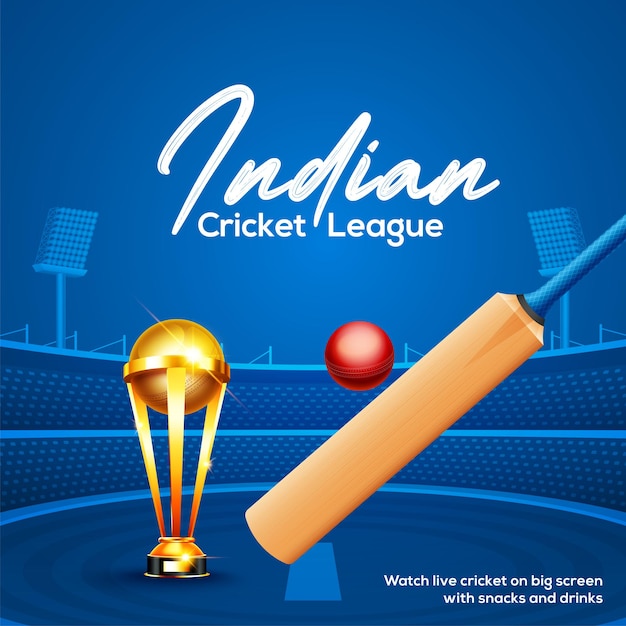 Vector cricket championship league concept with cricket bat, ball and winning cup trophy poster or banner on blue cricket stadium background