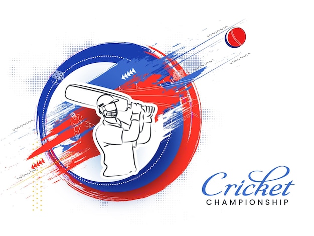 Vector cricket championship poster design with sticker style batsman hitting ball and brush stroke effect on white halftone background.