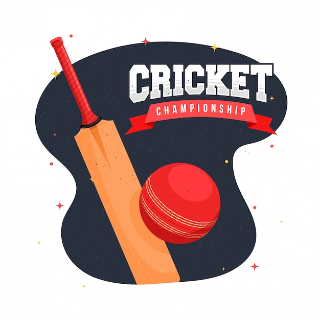 Cricket championship-tekst met knuppel en bal op grijze en witte achtergrond.
