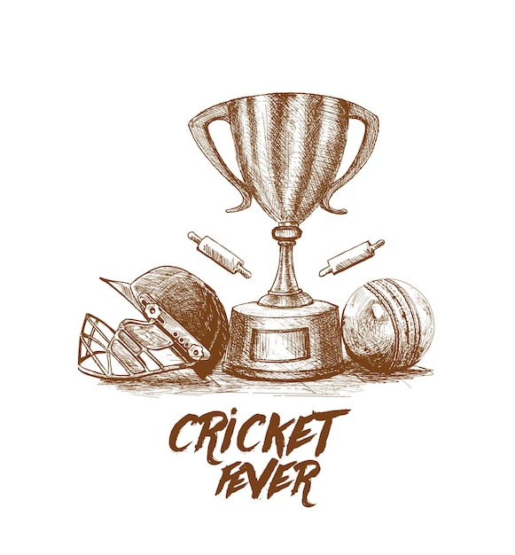 Cricket Championship with Ball Wicket with Helmet in Cricket Stadium Freehand Sketch Graphic Design Vector illustration