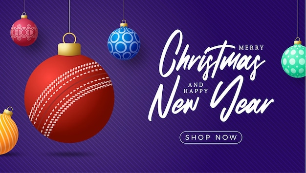 Cricket Christmas card. Merry Christmas sport greeting card. Hang on a thread cricket ball as a xmas ball and colorful bauble on purple horizontal background. Sport Vector illustration.