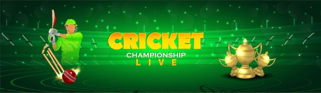 Cricket kampioenschap header of banner met cricketapparatuur met gouden trofee