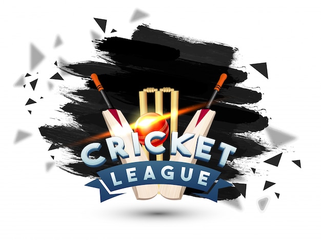 Cricket league abstracte borstelslag achtergrond met vleermuizen, glanzende bal en wicket stumps.