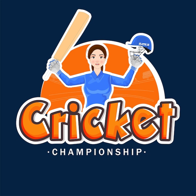 Cricket-lettertype in stickerstijl met vrouwelijke slagman uit India in winnende pose op blauwe achtergrond voor kampioenschapsconcept