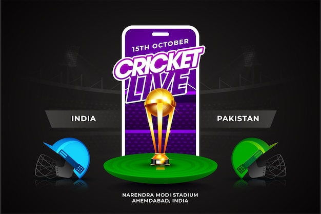 Cricket Live Concpet India vs Pakistan 헤더 또는 우승 트로피 Bat Ball 및 그루터기가 있는 배너