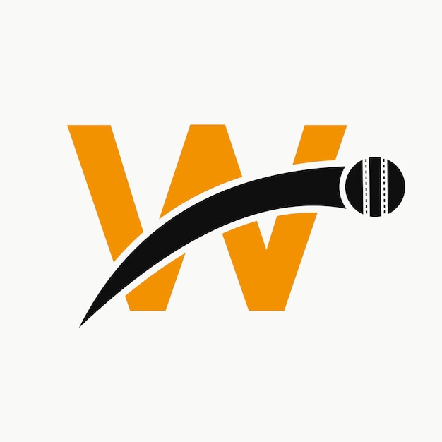 Логотип крикета на букве W с движущейся иконой мяча для крикета Шаблон логотипа мяча для крикета