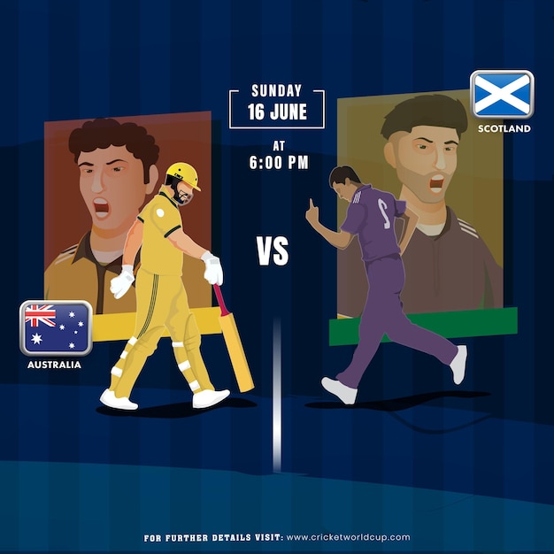 Vector cricket match between australia vs scotland player team advertising poster design