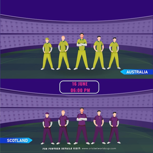 Vettore partita di cricket tra australia e scozia giocatore della squadra sullo stadio disegno di poster pubblicitario