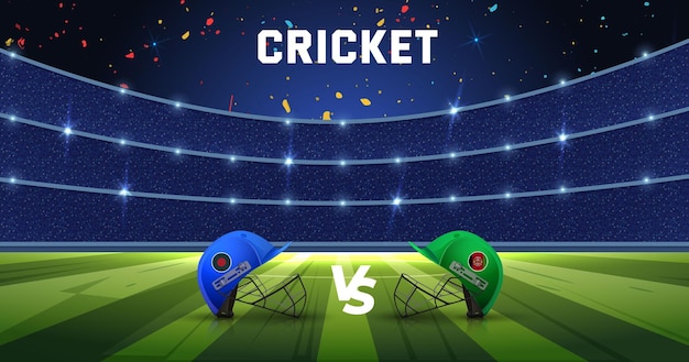 Cricket match concept Champions League met batsmanhelmen en stadion van de deelnemende landen
